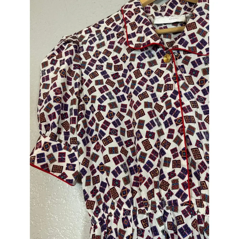 Vintage 80s Geometric Print Midi Dress Collared Structured Secretary Womens 10 - Picture 3 of 9